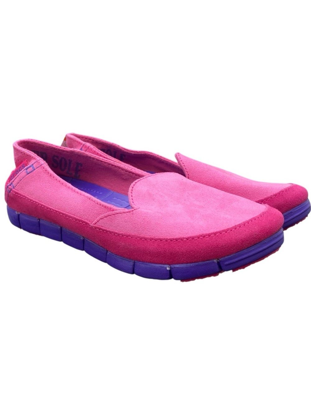 CROCS NWT Candy Pink/ Ultraviolet StretchSole Microsuede Skimmer Sz 7 201741-6AM